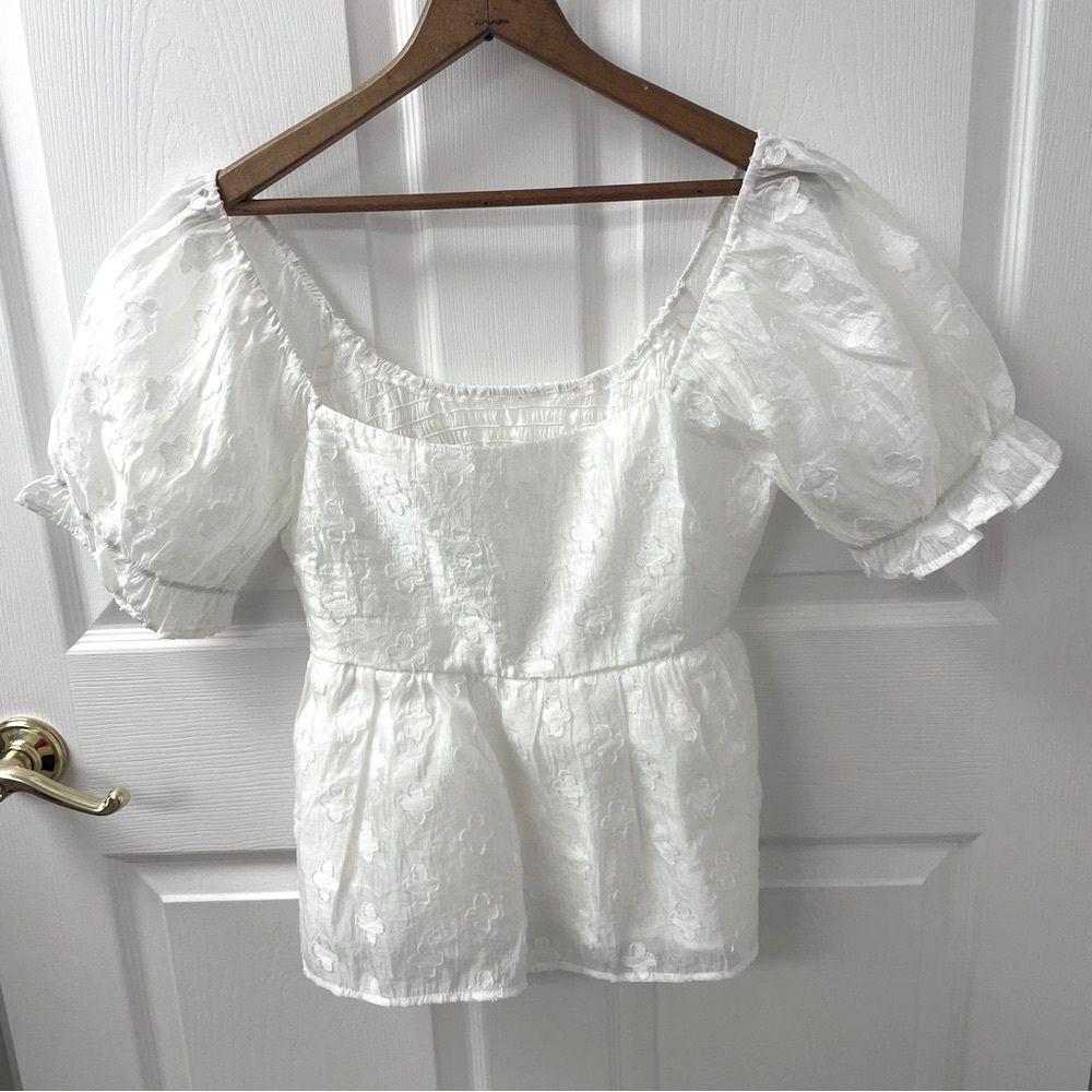 Puff Sleeve Wide Shoulder Blouse Top Stretch Lined White Summer Women's Size L